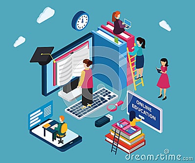 Isometric Artwork of Children reading books online rather than a original book in hand. Vector Illustration