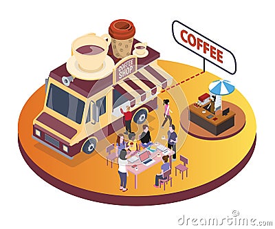 Coffee Food Truck Isometric Artwork where people are enjoying coffee with their friends. Vector Illustration