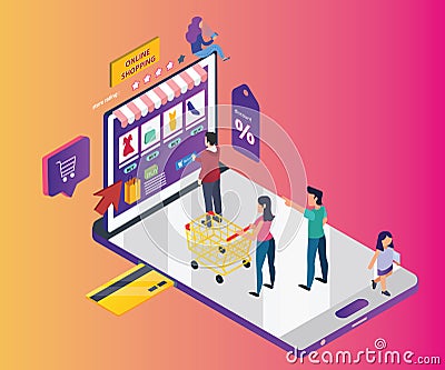 Isometric Artwork Concept of online Shopping Through Mobile Phone Stock Photo