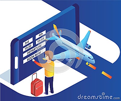 Isometric Artwork of a man booking airplane tickets online with easy and without any hassle Vector Illustration