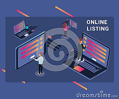 Isometric Artwork Online Listing of people Surfing Internet on Lapotp Stock Photo