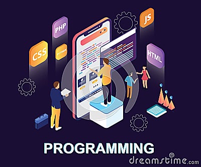 Isometric Artwork of People programming in multiple languages to make a mobile apps and website. Stock Photo