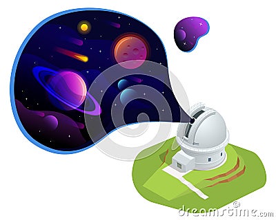 Isometric astronomical observatory dome. Astronomical telescope tube and cosmos. Astronomer looking through telescope on Vector Illustration