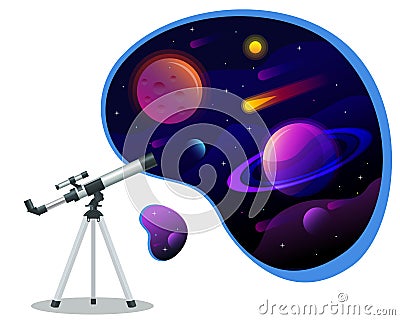Isometric astronomical observatory dome. Astronomical telescope tube and cosmos. Astronomer looking through telescope on Vector Illustration