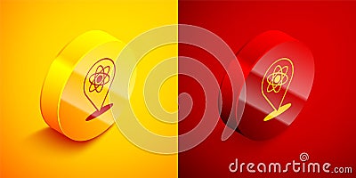 Isometric Atom icon isolated on orange and red background. Symbol of science, education, nuclear physics, scientific Vector Illustration