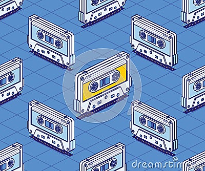 Isometric Audio Cassette Tape Seamless Pattern. Outline Music Concept Stock Photo