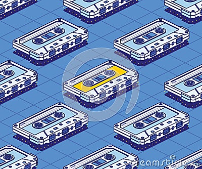 Isometric Audio Cassette Tape Seamless Pattern. Vector Illustration Stock Photo