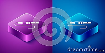 Isometric Audio jack icon isolated on blue and purple background. Audio cable for connection sound equipment. Plug wire Stock Photo