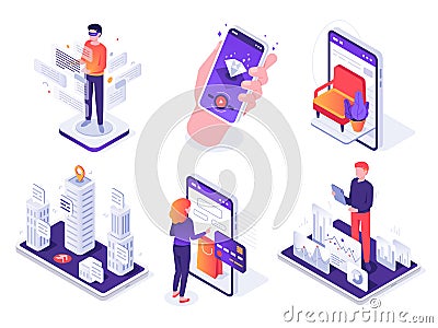 Isometric augmented reality smartphone. Mobile AR platform, virtual game and smartphones 3d navigation vector concept Vector Illustration