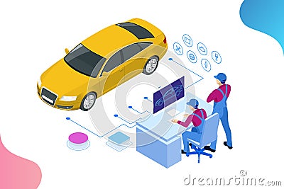 Isometric auto repair service station. Workers in car service tire service and car repair vector illustration Vector Illustration