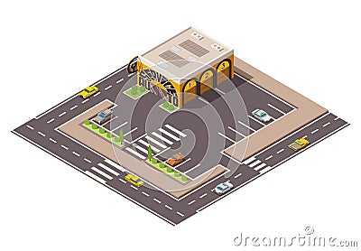 Isometric auto service. Car service top view concept with street and parking place. Repair service template with garage Vector Illustration