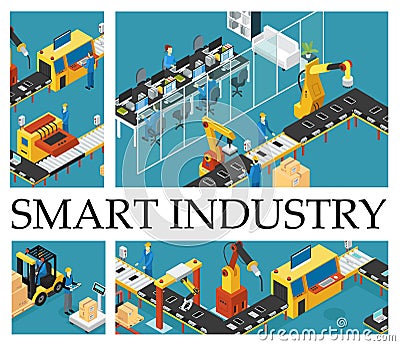 Isometric Automated Factory Composition Vector Illustration