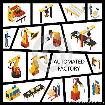 Isometric Automated Factory Elements Concept Vector Illustration