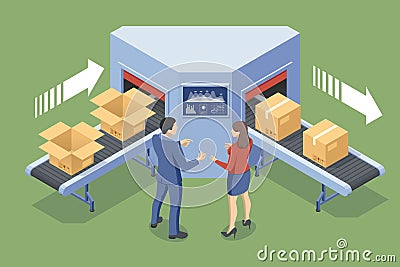 Isometric Automated Packaging and Distribution System. Automated warehouse. Autonomous robot transportation in Vector Illustration