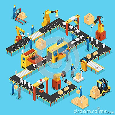 Isometric Automated Production Line Concept Vector Illustration