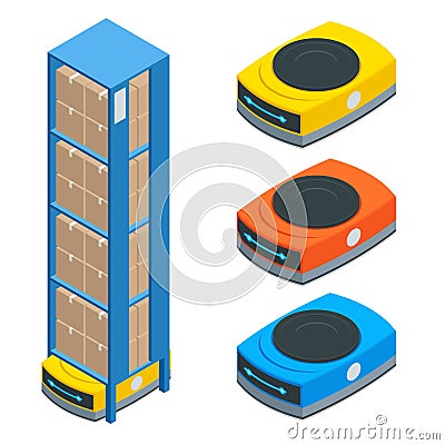 Isometric automated warehouse robots. Modern logistics center. Isolated on white background. Vector Illustration