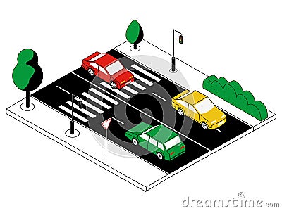 Isometric automobile traffic. Cartoon city road. Cars moving in opposite directions. Part of highway and lights and Vector Illustration