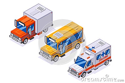 Isometric automobile van transportation school buss ambulance delivery truck 3d retro lowpoly cars isolated on white Vector Illustration