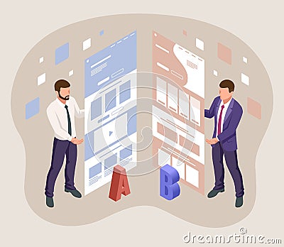 Isometric A B testing, comparison concept. Split Testing web page comparing. Vector Illustration