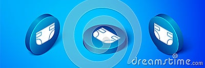 Isometric Baby absorbent diaper icon isolated on blue background. Blue circle button. Vector Vector Illustration