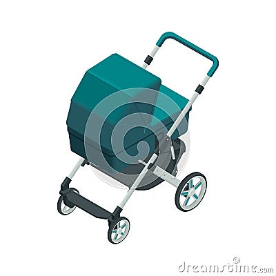 Isometric baby carriage isolated on a white background. Kids transport. Strollers for baby boys or baby girls. Vector Illustration