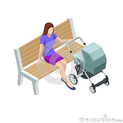 Isometric baby carriage isolated on a white background. Kids transport. Strollers for baby boys or baby girls. Woman Vector Illustration