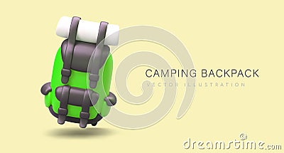 Isometric backpack for camping, hiking. Tourist green sports bag with pockets Vector Illustration