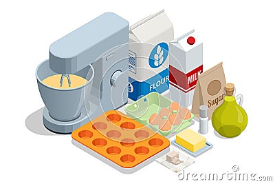 Isometric baking pastry cakes, muffins, tarts, with cooking baking ingredients, flour, eggs, milk and sugar. Kitchen Vector Illustration