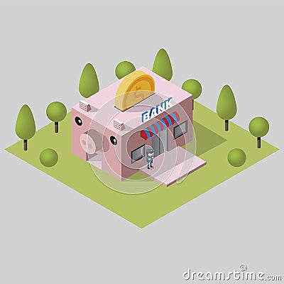 Isometric bank building pink pig Vector Illustration