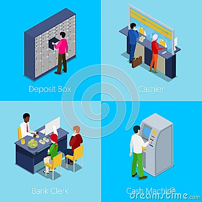 Isometric Bank Services Concept. Deposit Box, Cashier, Bank Clerk, Cash Machine Vector Illustration