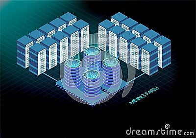 Isometric banner with bitcoin mining farm, cryptocurrency mining concept, financial isometric 3d vector. Ethereum Blockchain isome Vector Illustration