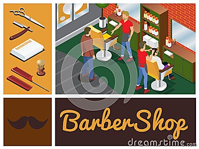 Isometric Barber Shop Composition Vector Illustration