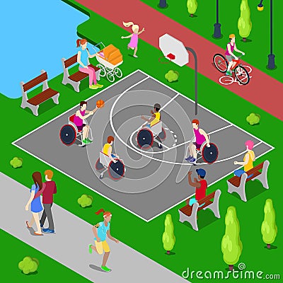 Isometric Basketball Playground. Disabled People Playing Basketball in the Park. Vector Vector Illustration