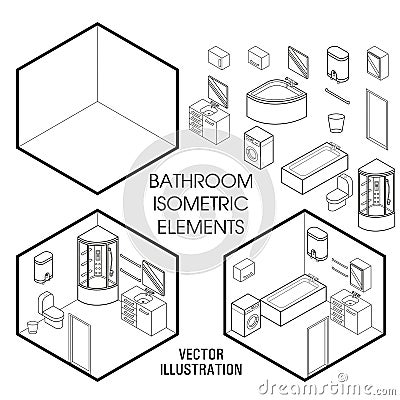 Isometric bathroom interior constructor. Vector set of isometric Furniture elements of home interior isolated on white Vector Illustration