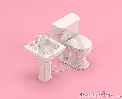 Isometric bathroom sink and toilet closet, 3d Icon in flat color pink room,single color white,3d rendering Stock Photo