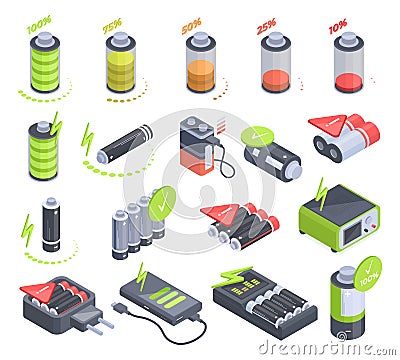 Isometric battery, accumulators and chargers indicators. Energy power detectors, low battery, charging levels icons 3d vector Vector Illustration