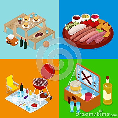 Isometric BBQ Picnic Food. Summer Holiday Camp. Grilled Meat, Wine and Vegetables Vector Illustration