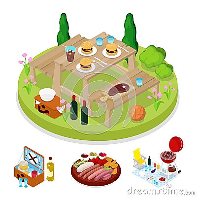 Isometric BBQ Picnic Party. Summer Holiday Camp. Grilled Meat Burgers Vector Illustration