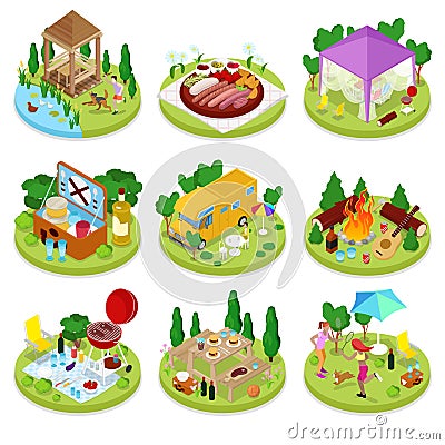 Isometric BBQ Picnic. Summer Holiday Camp. People in Park with Grilled Meat Vector Illustration