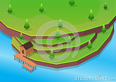 Isometric beach with wooden house Vector Illustration