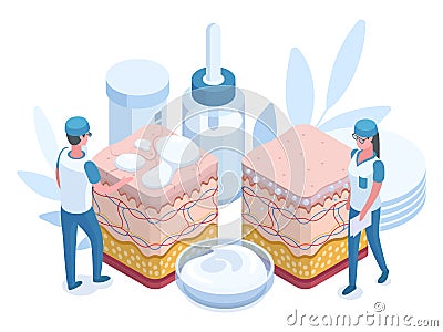 Isometric beauticians take care of skin. 3D epidermis treatment, cosmetologist, medical workers do skin treatment procedures flat Vector Illustration