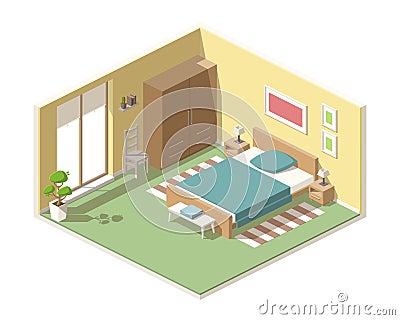 Isometric Bedroom With Furniture Vector Illustration