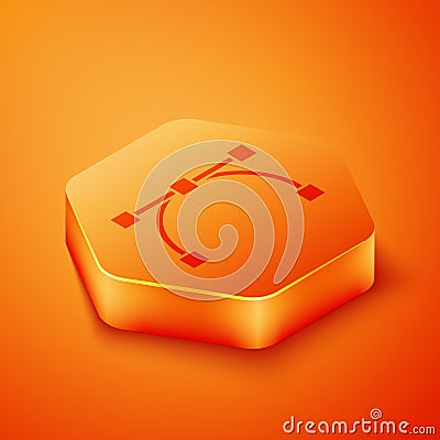 Isometric Bezier curve icon isolated on orange background. Pen tool icon. Orange hexagon button. Vector Vector Illustration