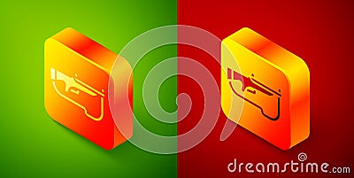 Isometric Biathlon rifle icon isolated on green and red background. Ski gun. Square button. Vector Vector Illustration