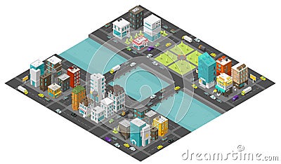 Isometric big city and bridge over river. Two bridges. Town district street. Cars traffic end buildings. Cityscape infrastructure Cartoon Illustration