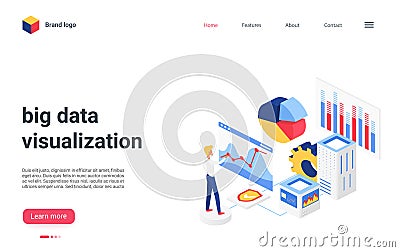 Isometric big data analysis visualization landing page, analyzing business graphs Vector Illustration