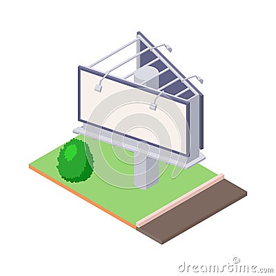 Isometric billboard on green ground near road for outdoor advertising. Vector Illustration