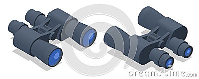 Isometric Binocular icon. Old binoculars set against a white background Vector Illustration