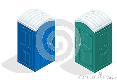 Isometric bio toilet cabin. Blue and green. Hiking services. Flat color style vector icon Vector Illustration