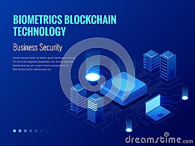 Isometric Biometrics Blockchain Technology and Finger Print Scanning Identification System. Biometric Authorization and Vector Illustration